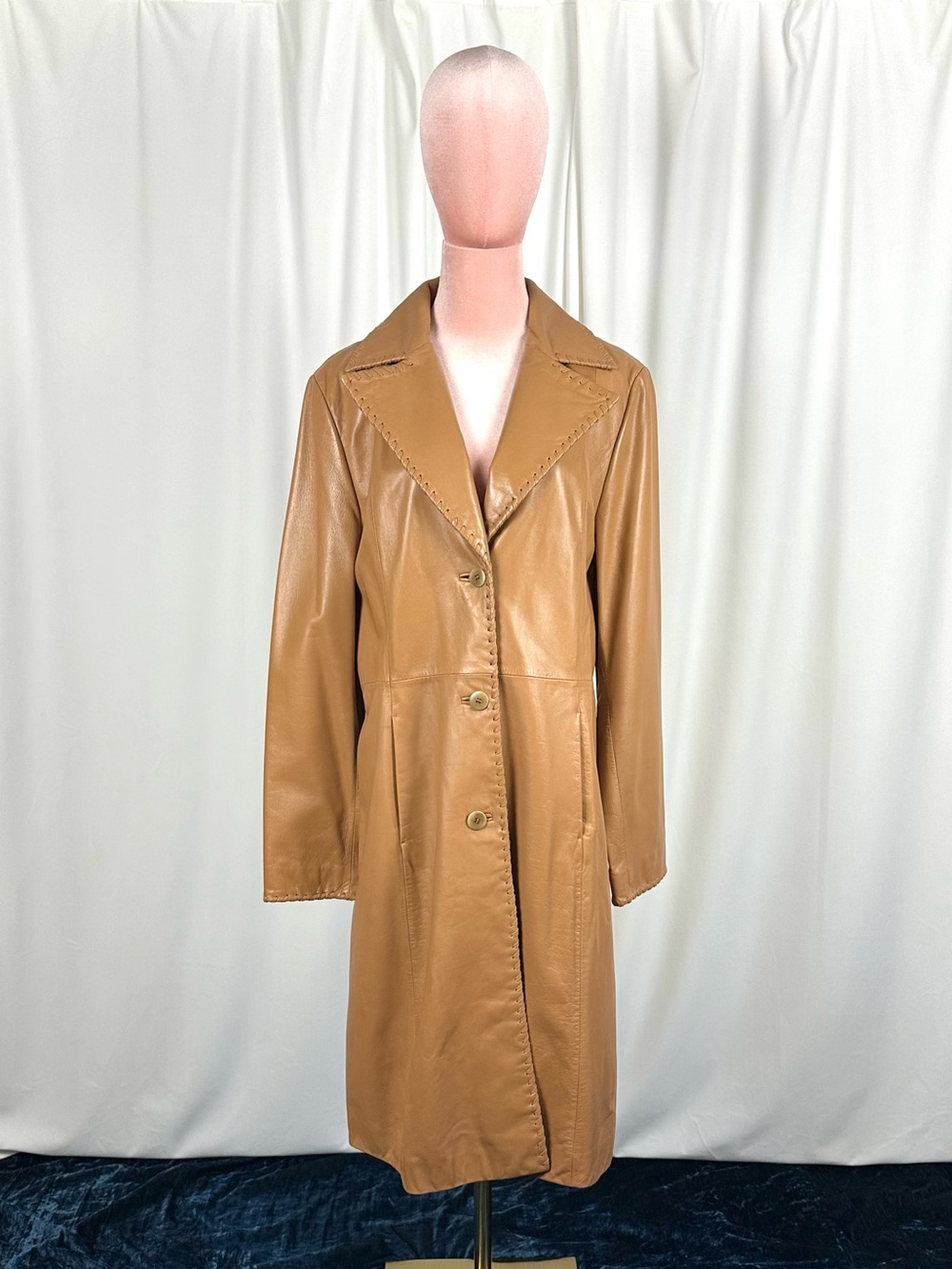 Vintage Danier Lambskin Leather Long Coat Camel Tan Whipstitch M/L